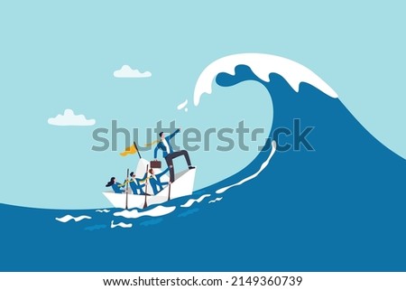 Courage and leadership to win business success, teamwork to help survive crisis, challenge or risk taker concept, businessman captain point finger to lead team sailing boat to survive big wave storm.