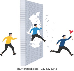 Courage and motivation to break the wall, obstacles or problems, challenges to escape from safe zone and achieve success, confidence businessman jump to breakthrough the wall for freedom.
