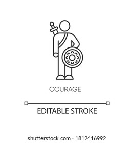 Courage Pixel Perfect Linear Icon. Feeling Of Bravery Thin Line Customizable Illustration. Contour Symbol. Brave Person, Hero With Sword And Shield Vector Isolated Outline Drawing. Editable Stroke