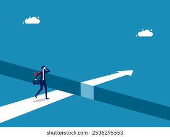 Courage, Risk. Businessman Standing on the Edge of the Arrow Gap