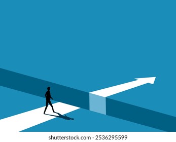 Courage, Risk. Businessman Standing on the Edge of the Arrow Gap