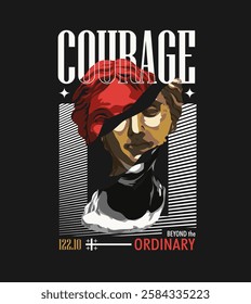 courage slogan with broken vintage statue vector illustration on black background