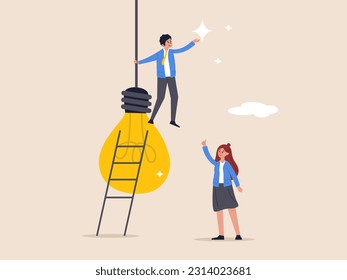 Courage to success concept. Initiative idea, leader or ambition to act to get solution and solve problem, motivation and challenge, businessman initiate solution climb up lightbulb to get solution.