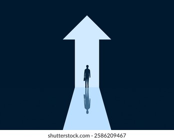 Courage, Success, Opportunity ,Businessman Standing in Front of an Arrow-Shaped Door Pointing Up