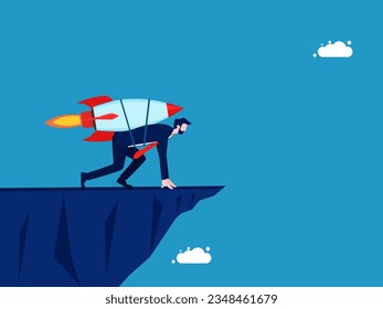 Courage to take risks and determination. Businessman starting a rocket flight from a cliff 