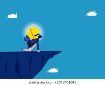 Courage to take risks. Focused businesswoman with a light bulb on the cliff 