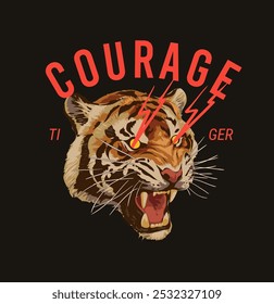 courage tiger slogan with tiger head roars graphic vector illustration on black background