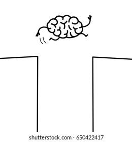 Courage. Vector concept illustration of brain jumping across the gap | flat design linear infographic icon black on white background