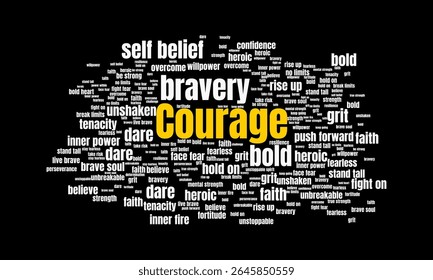 Coragem Word Cloud Destacando a coragem, a força e a mentalidade destemida