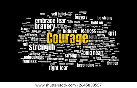 Courage Word Cloud Highlighting Bravery, Strength, and Fearless Mindset