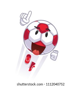 Courageous animated soccer football character flying. Superhero metaphor. Cartoon soccer ball emoticon. Colorful clipart. Flat style vector illustration isolated on white background