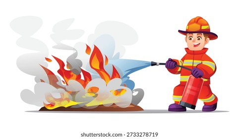 Valiente niño bombero apagando un fuego peligroso con un extintor rojo. Vector ilustración de dibujos animados