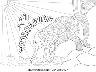 I AM COURAGEOUS Elephant Coloring Page, Line art illustration for coloring featuring a stylized baby elephant with the affirmation I AM COURAGEOUS in starry lettering above it. Ideal for