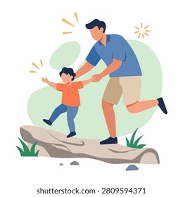 Courageous father helping his son balance and walk across a fallen log bridge during forest adventure trip