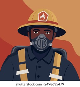 Valiente bombero con uniforme protector se para en medio de llamas. Ilustración vectorial