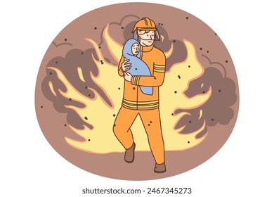 Courageous fireman save baby infant from fire. Male firefighter running with child in hands rescue kid from natural disaster. Vector illustration.