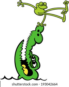 Courageous green frog, with a high degree of confidence, jumping above an aggressive alligator by putting its hand on the reptile's nose, when this one's raising its head, and passing with no trouble