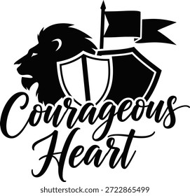 Coração Escudo Coração Leão Vetor Preto Mão Desenhado Tipografia Logo Emblema Badge Ícone Silhueta Vintage Retro Graphic Strength Bravery Protection Power