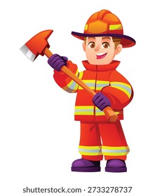 Courageous little boy firefighter holding a heavy red axe for rescue missions. Vector cartoon character illustration