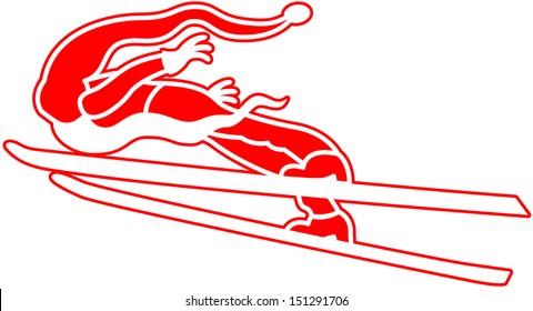 Courageous ski jumper with a long white beard, a long red hat and wearing a Christmas Santa costume while flying on his extra sized skis