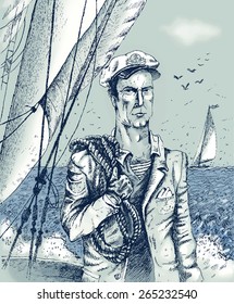 Courageous yachtsman. Hand drawn vector illustration in vintage style