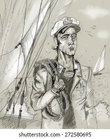 Courageous yachtsman. Hand drawn vector sketch in vintage style