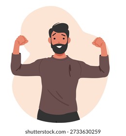 Courageous young bearded man cartoon character showing biceps while flexing muscles demonstrating power, physical strength, bravery, masculinity and commitment to personal growth vector illustration