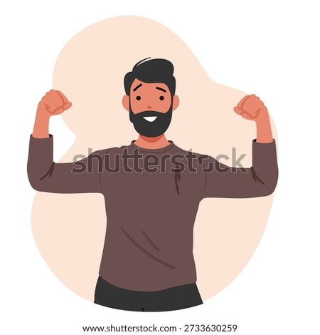 Courageous young bearded man cartoon character showing biceps while flexing muscles demonstrating power, physical strength, bravery, masculinity and commitment to personal growth vector illustration