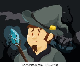 Courageous young wizard with a magic wand into the deep enchanted forest.