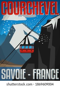 Courchevel is a French Alps ski resort. It is a part of Les Trois Vallées, the largest linked ski areas in the world, vector illustration