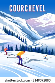 Courchevel Travel Poster. Handmade Drawing Vector Illustration. Art Deco Style.