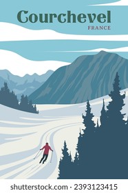 courchevel vintage travel poster with man skiing vector illustration design, france travel poster design