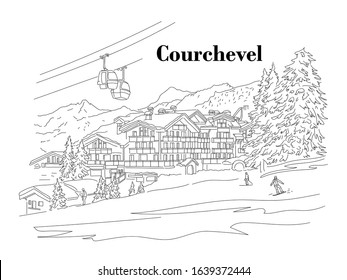 Courchevel In The Winter. People Are Skiing. Ski Resort. Vector Line Illustration