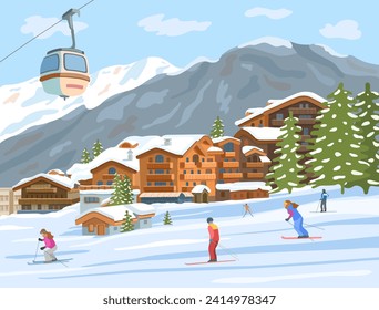 Courchevel en invierno. La gente está esquiando. Estación de esquí. Ilustración plana del vector