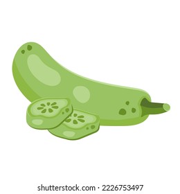 Courgette isolated on white background. Whole Green squash and sliced squashes.  Fresh ripe zucchini vegetable. Healthy organic food. Natural raw veggie. Vector flat illustration