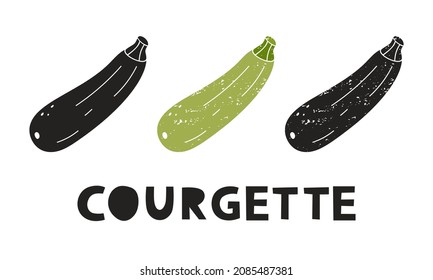 Courgette, silhouette icons set with lettering. Imitation of stamp, print with scuffs. Simple black shape and color vector illustration. Hand drawn isolated elements on white background