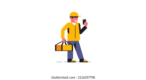 El mensajero acepta el pedido de entrega a través de la aplicación móvil. Servicio de entrega de comida en línea a su hogar. Courier con uniforme de trabajo. Paquete, bolsa, mochila, comida, paquete. Ilustración del vector