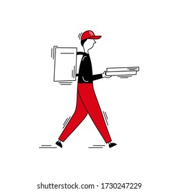 A courier with a backpack box and pizza boxes in hands, delivery man  - Food delivery service - Vector illustration, isolated character