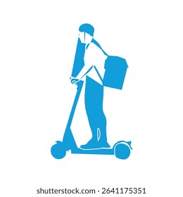 Courier with backpack on back riding electric scooter silhouette