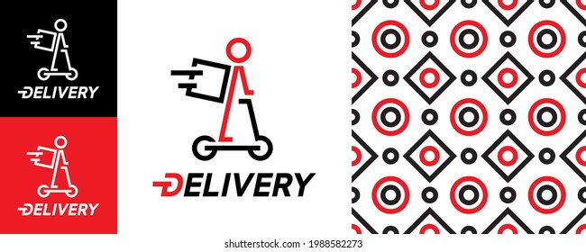 Courier with a backpack on an electric scooter. fast express delivery service logo