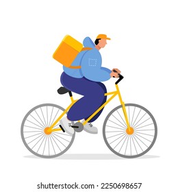 A courier with a backpack rides a yellow bike. Vector illustration.