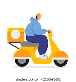  Un mensajero con una mochila monta una moto amarilla. Ilustración vectorial.