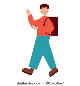 Courier mit einer Tasche hinter seinem Rücken und einem Handy in der Hand einzeln auf weißem Hintergrund.
