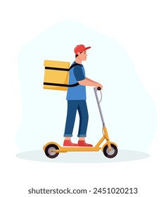 Courier with a bag for delivering food on an electric scooter. Vector illustration, the concept of a delivery service.