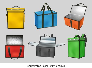 Courier bags. Waterproofing containers for fresh food delivery pizza packages decent vector realistic boxes