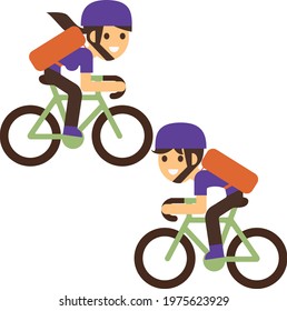 Courier bicycle delivery boy and girl with parcel box on the back. Ecological city bike delivering service illustration with modern cyclist carrying package. Food delivery.
