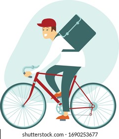 Courier bicycle delivery boy with parcel box on the back. Ecological city bike delivering service illustration with modern cyclist carrying package. Food delivery boy.