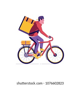 Courier bicycle delivery man with parcel box on the back. Ecological city bike delivering service illustration with modern cyclist carrying package. Food delivery boy.