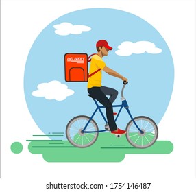 Courier bicycle delivery man with parcel box on the back.Delivering service illustration with modern cyclist carrying package. Food delivery boy.