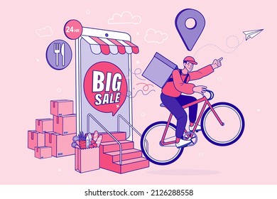 Courier bicycle delivery man with parcel box on the back. Food delivery boy. fast and free shipping concept. online shopping. application on mobile phone. Modern Vector illustration for websites.